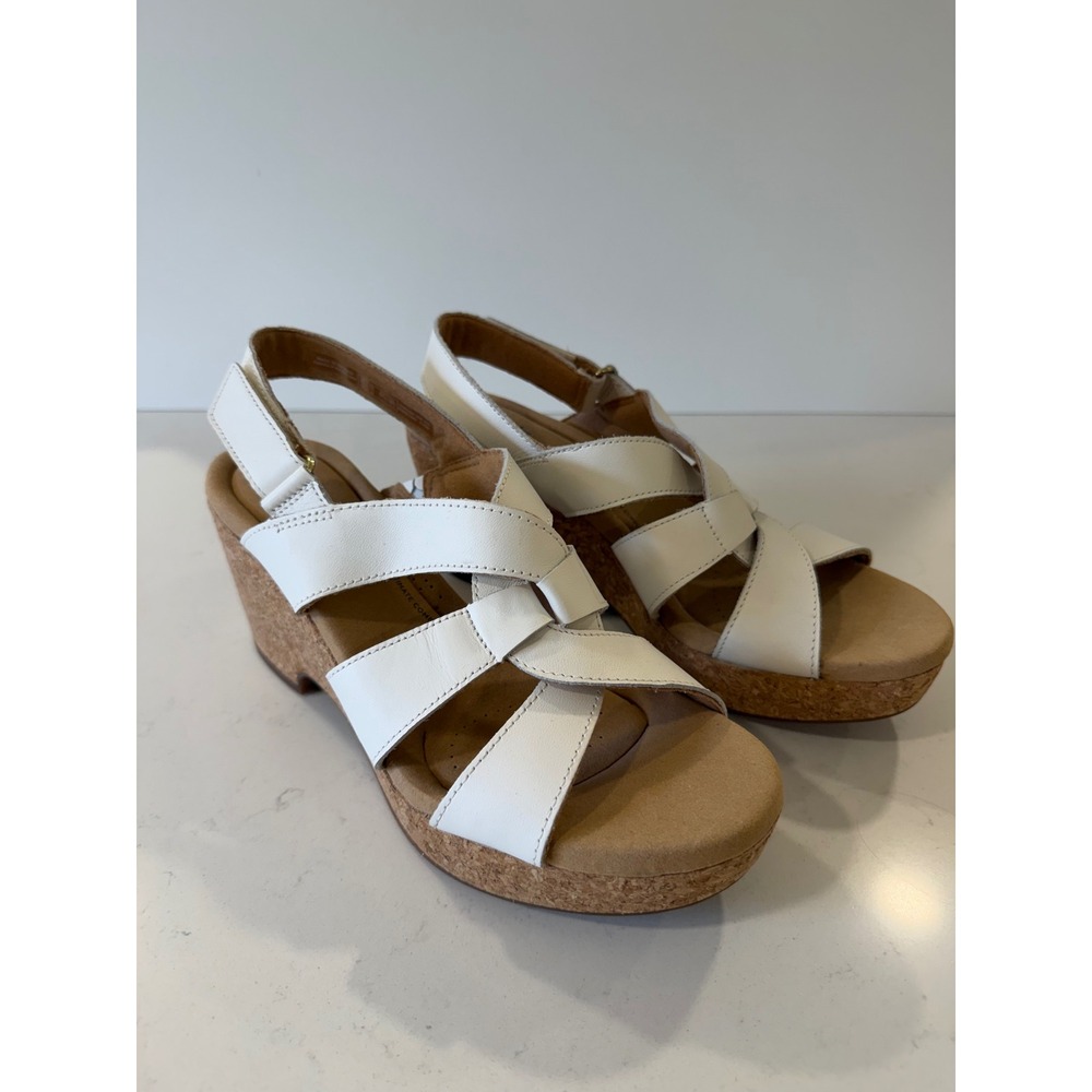 NEW Clarks Giselle Beach White Leather Wedge Sandals Ultimate Comfort Size 11